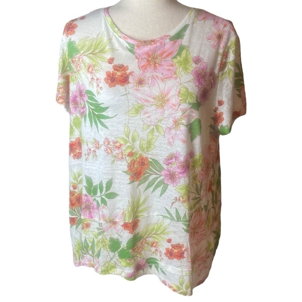 J. Jill Love Linen Floral Print Short Sleeve Tee White Pink Orange Large Petite